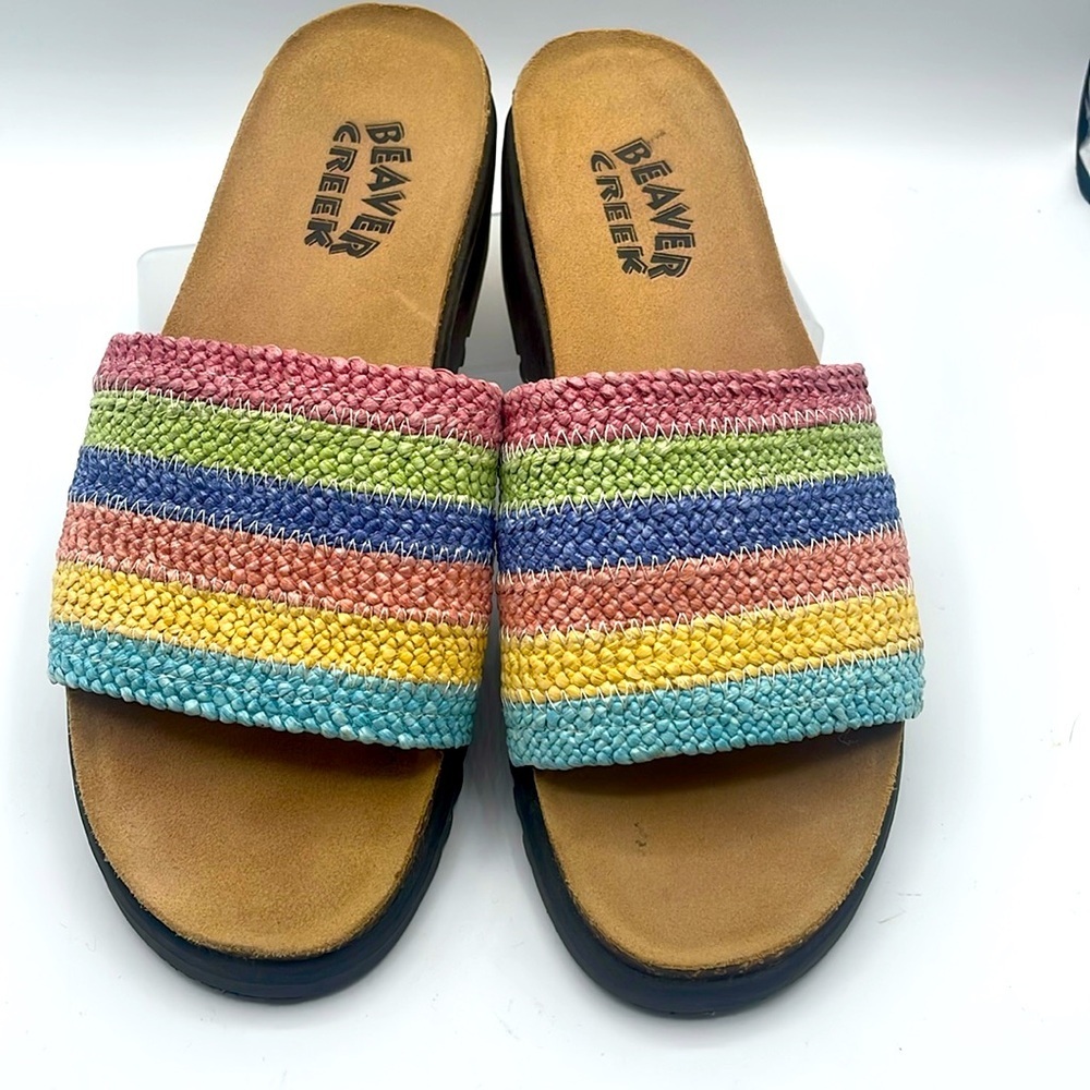 Beaver Creek Beth Woven Rafia Slide Platform Sandals Cork Rubber Sole Size 8.5